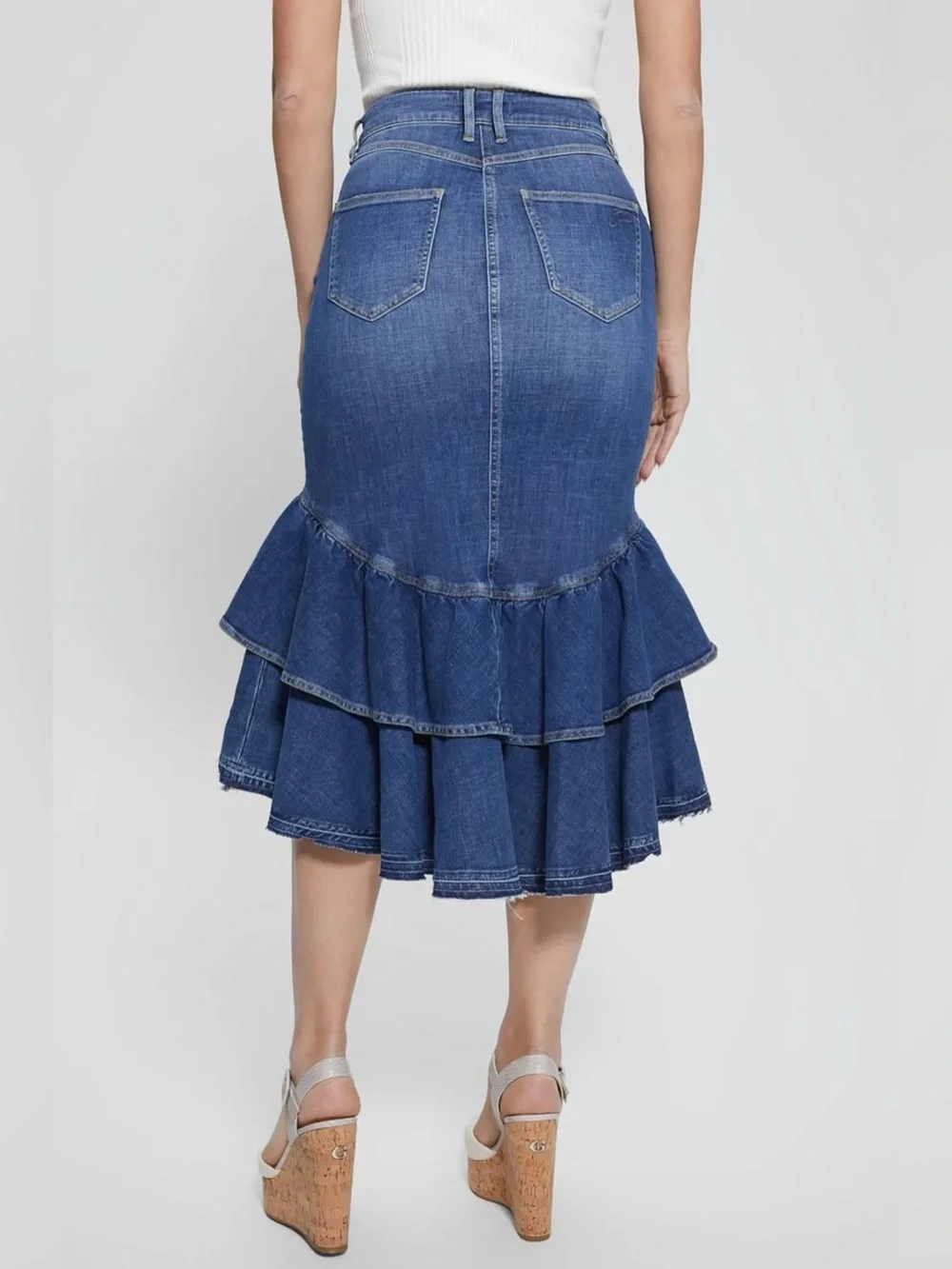 NWT Guess Eco Marina Denim Mermaid Jean Skirt in Lady Conch Sz 31 Summer Boho